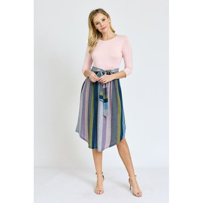 Quarter Sleeve Stripe Sash Midi Dress