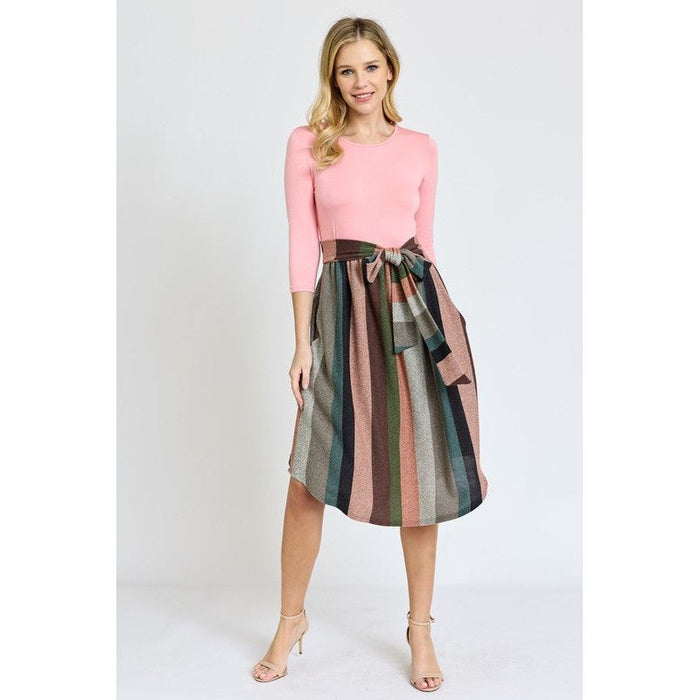 Quarter Sleeve Stripe Sash Midi Dress