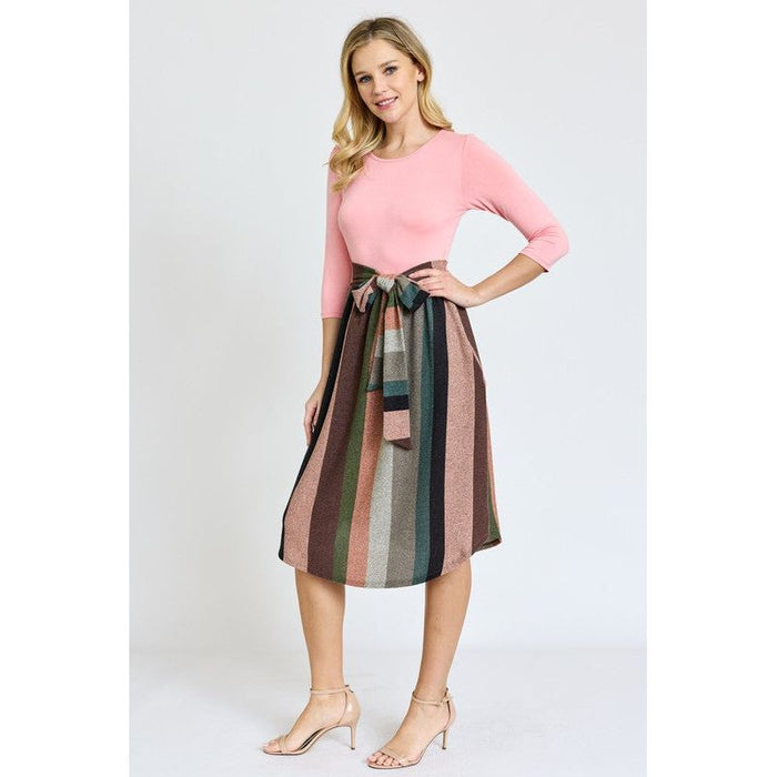 Quarter Sleeve Stripe Sash Midi Dress