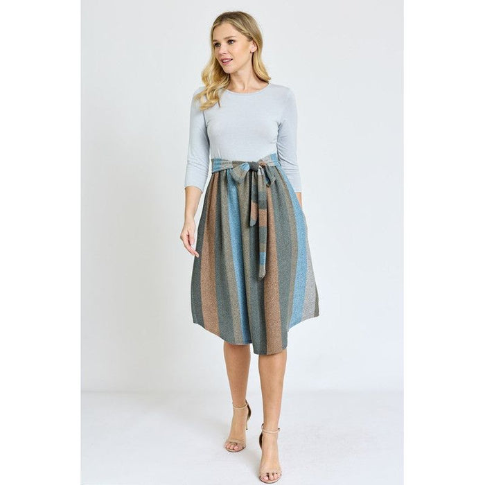 Quarter Sleeve Stripe Sash Midi Dress