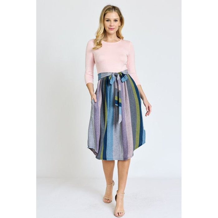 Quarter Sleeve Stripe Sash Midi Dress