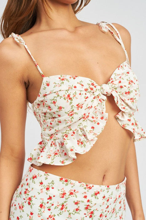 Front Knot Crop Top With Ruffle Detail