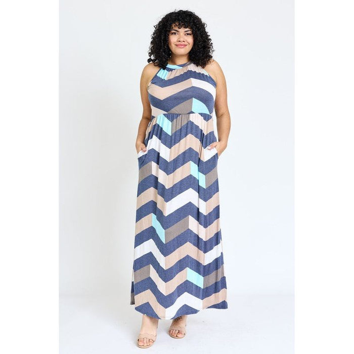 Plus Halter Neck Chevron Maxi Dress