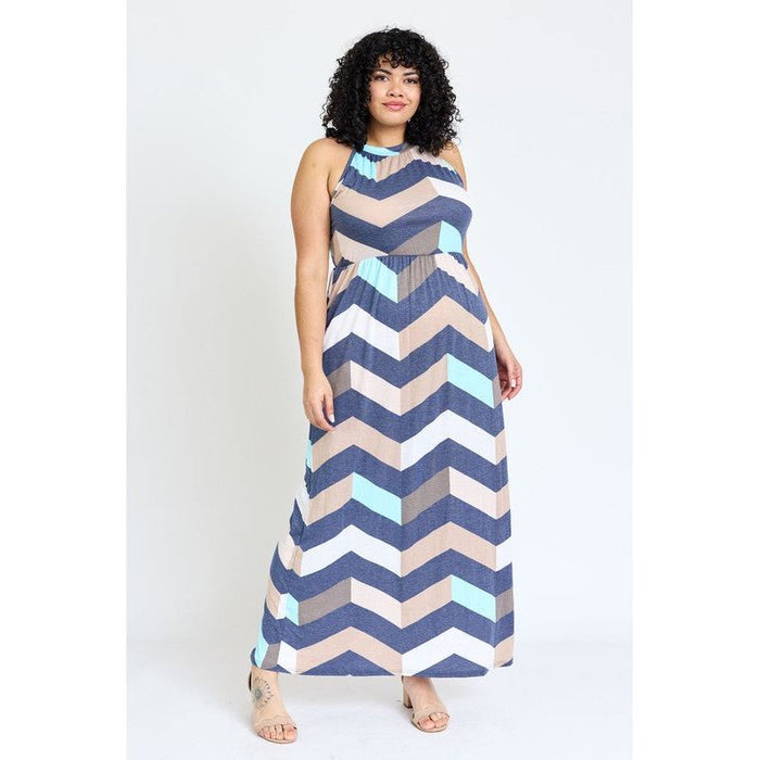 Plus Halter Neck Chevron Maxi Dress