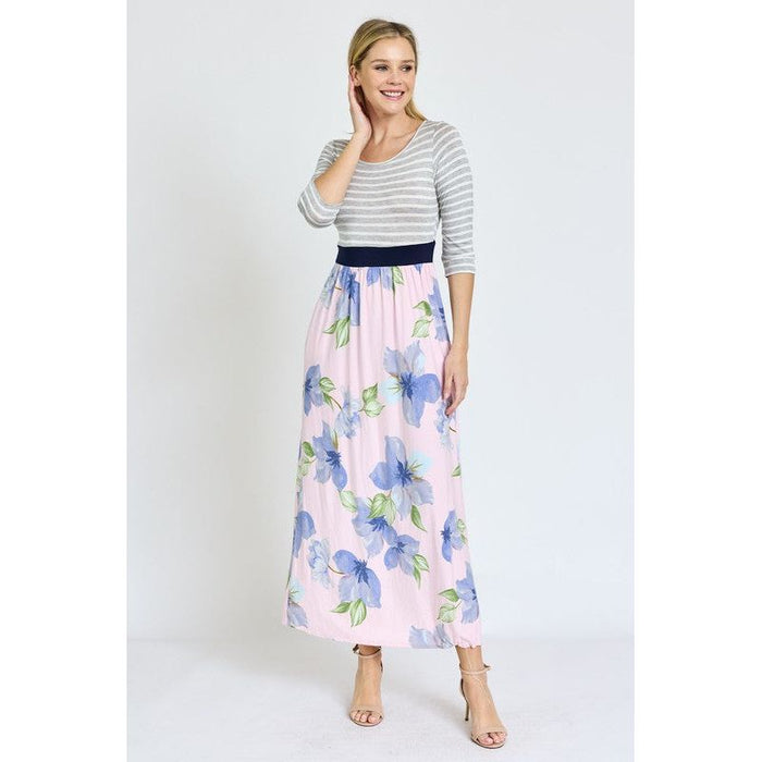 Stripe Band Floral Maxi Dress