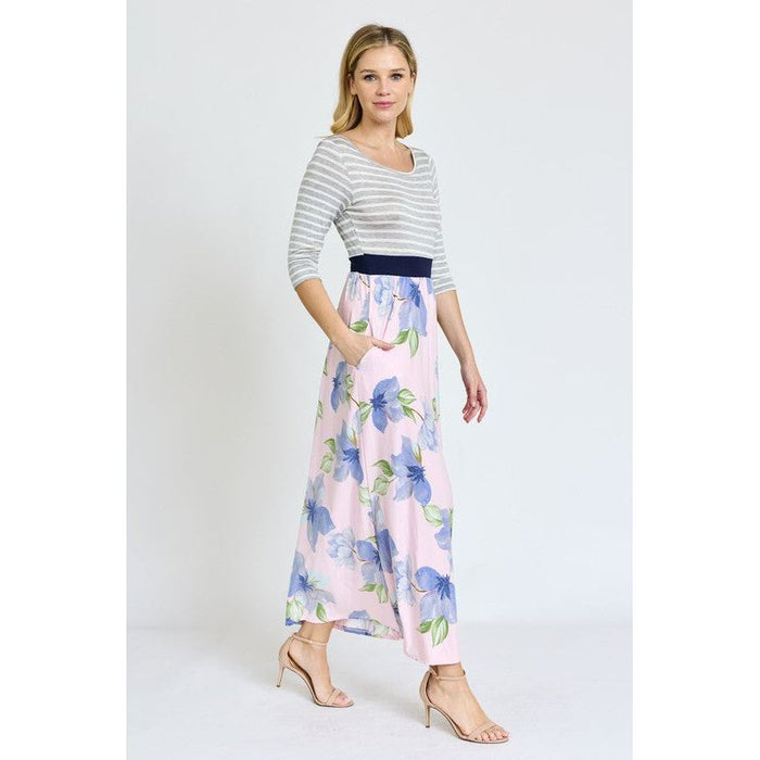 Stripe Band Floral Maxi Dress