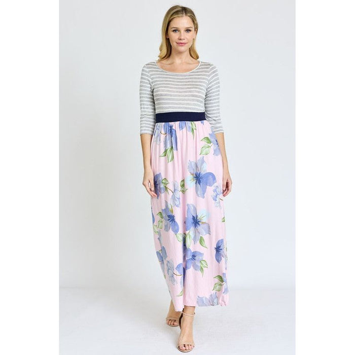 Stripe Band Floral Maxi Dress