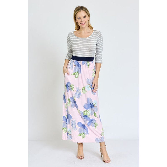 Stripe Band Floral Maxi Dress