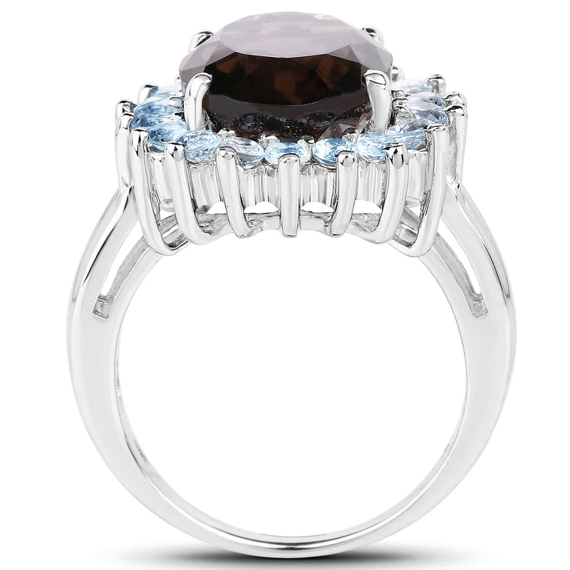 Bids.com 6.79 Carat Genuine Smoky Quartz & Blue Topaz .925 Sterling Silver Ring Rings