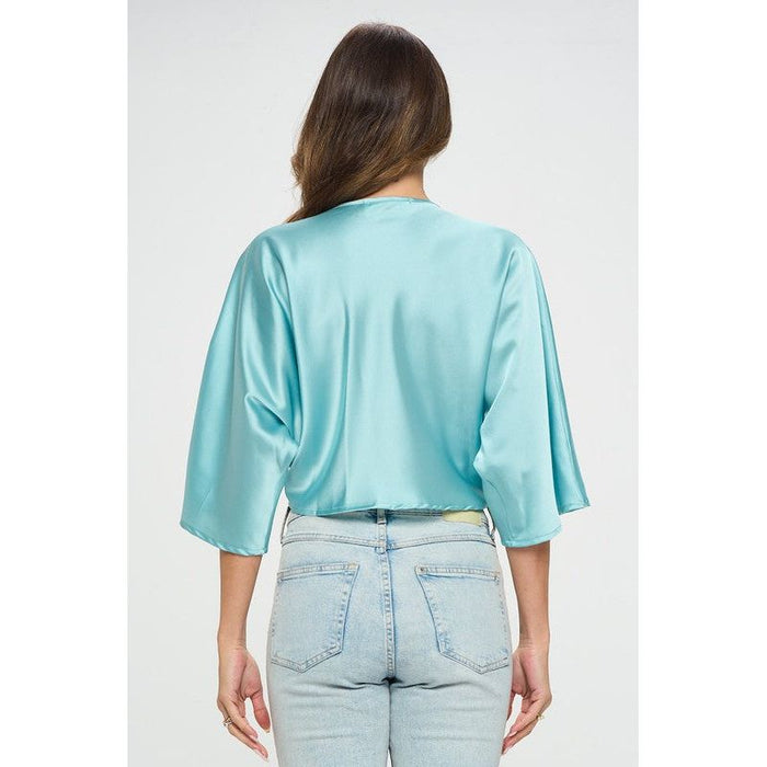 Satin Vibrant Short Sleeve Top with Front Twist