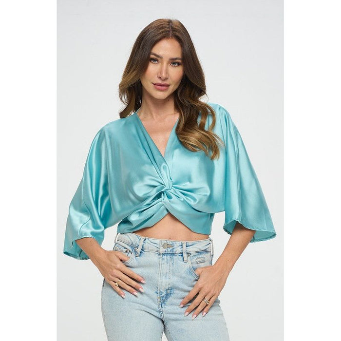 Satin Vibrant Short Sleeve Top with Front Twist