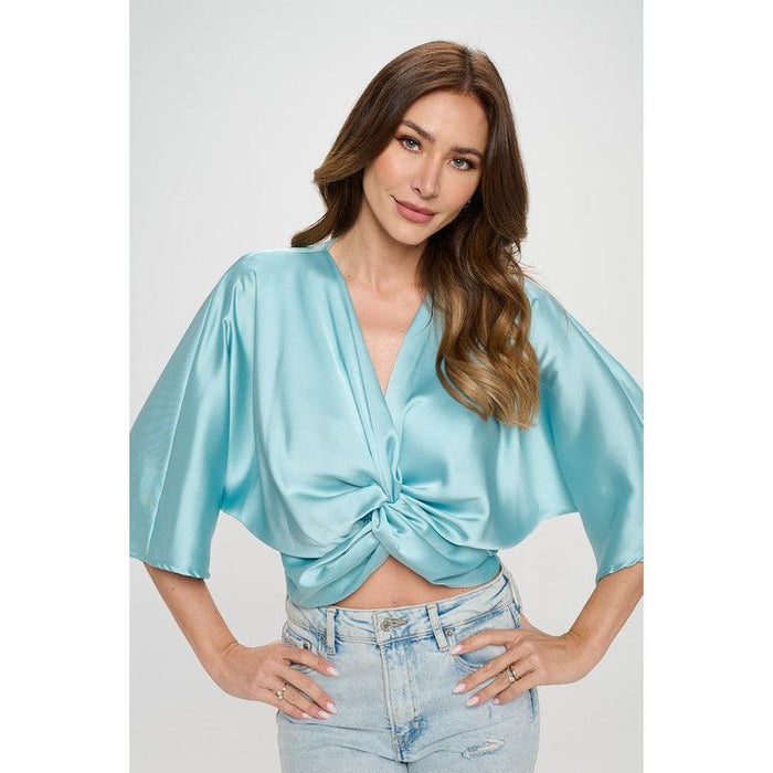 Satin Vibrant Short Sleeve Top with Front Twist