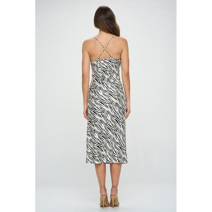 Zebra Print Satin Bias Slip Dress with Slit