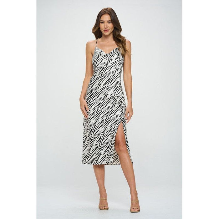 Zebra Print Satin Bias Slip Dress with Slit