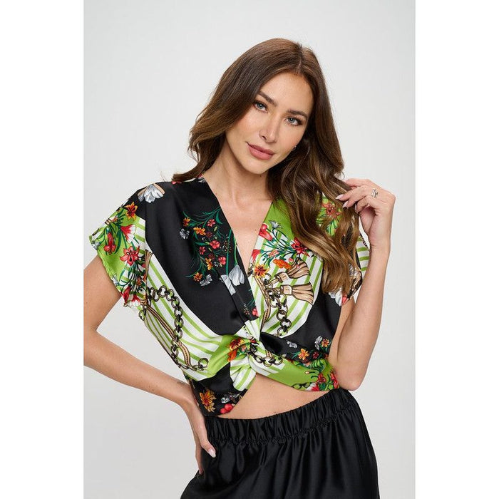 Print Satin Short Sleeve Top with Front Twist