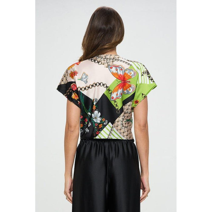 Print Satin Short Sleeve Top with Front Twist