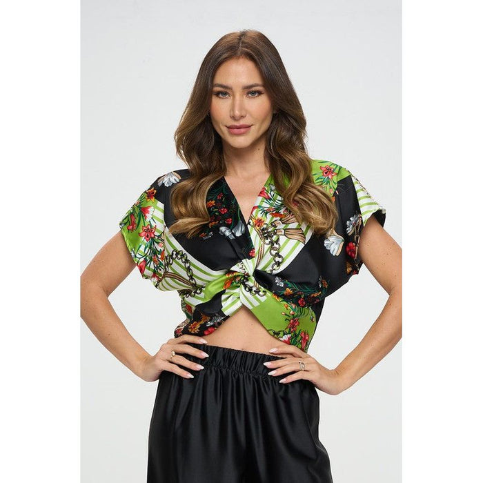 Print Satin Short Sleeve Top with Front Twist