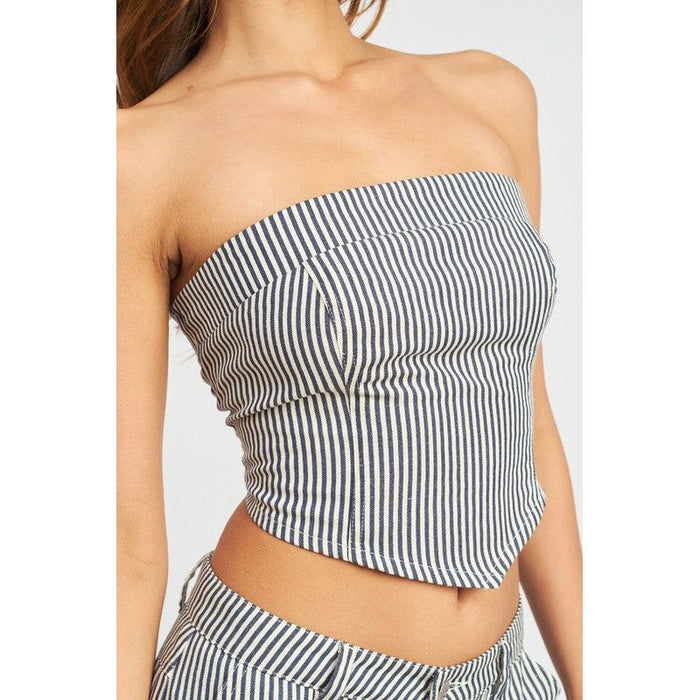 STRIPED BACK STRAP AND EYELET DETAIL TUBE TOP