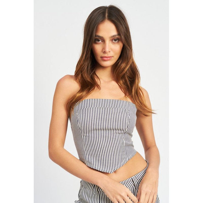 STRIPED BACK STRAP AND EYELET DETAIL TUBE TOP