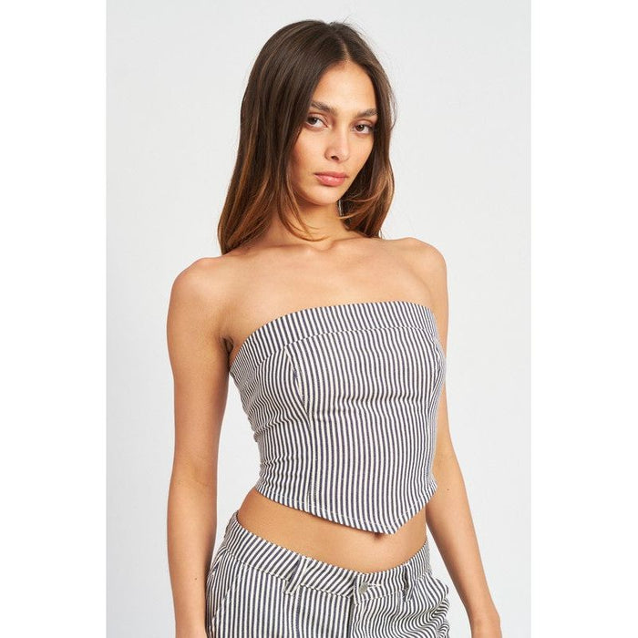 STRIPED BACK STRAP AND EYELET DETAIL TUBE TOP