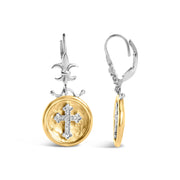 Bids.com 18K Yellow Gold Plated .925 Sterling Silver 1/8 Cttw Diamond Hammered Finished Medallion with Cross Drop and Dangle Earrings (I-J Color, SI1-SI2 Clarity) Earrings