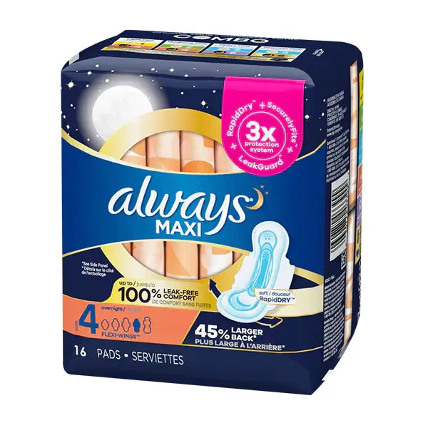 Always Maxi Overnight W/Wings 16 Ct - Case - 12 Units