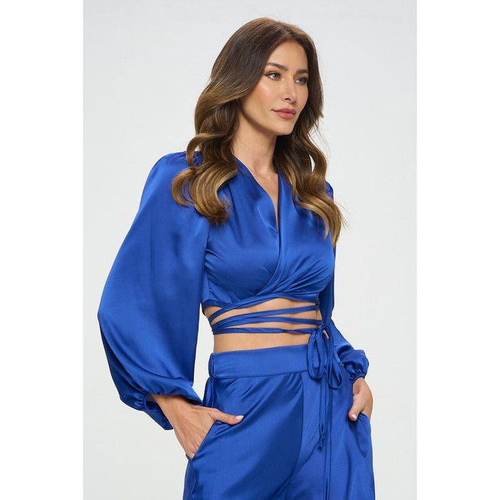 Silky Satin Wrap Crop Top with Tie