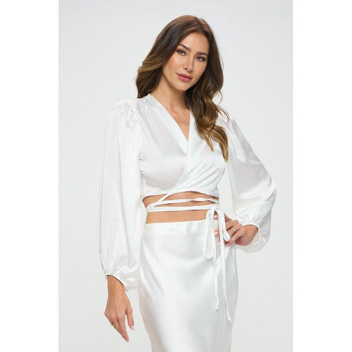 Silky Satin Wrap Crop Top with Tie