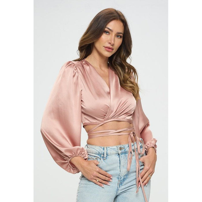 Silky Satin Wrap Crop Top with Tie