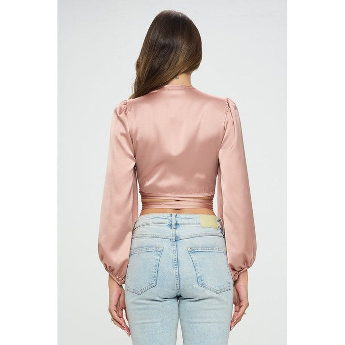 Silky Satin Wrap Crop Top with Tie