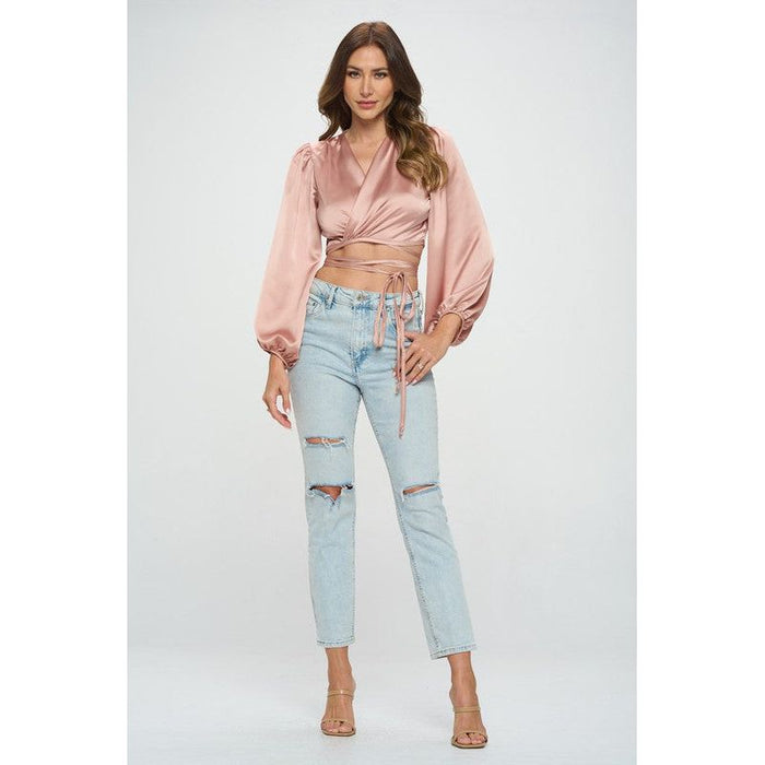 Silky Satin Wrap Crop Top with Tie