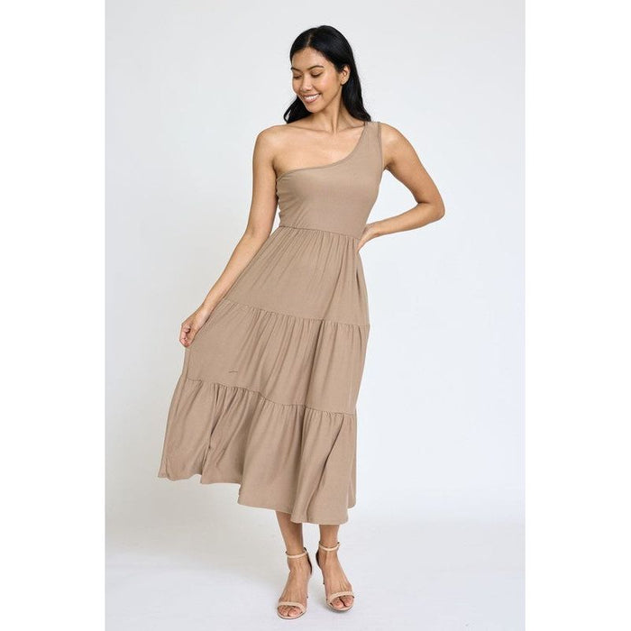 One Shoulder Ruffle Midi Dress