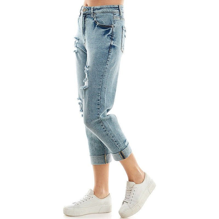 ROOL-UP DISTRESSED  HIGH RISE STRETCH MOM JEANS