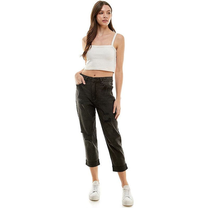 ROOL-UP DISTRESSED  HIGH RISE STRETCH MOM JEANS