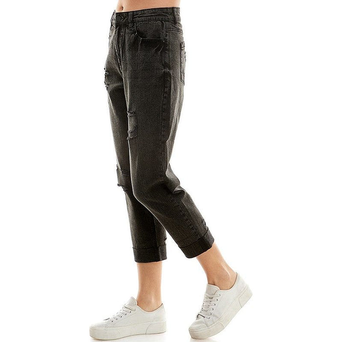 ROOL-UP DISTRESSED  HIGH RISE STRETCH MOM JEANS