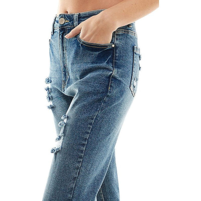 ROOL-UP DISTRESSED  HIGH RISE STRETCH MOM JEANS