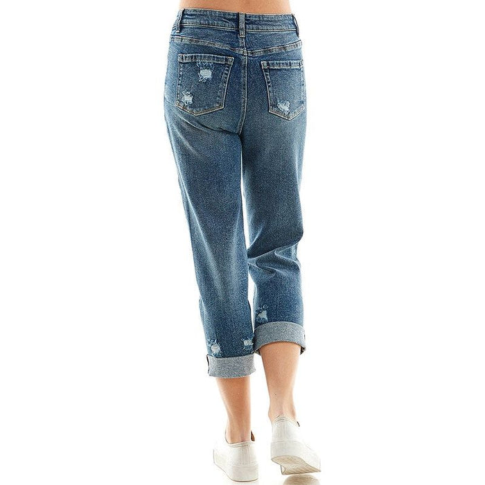 ROOL-UP DISTRESSED  HIGH RISE STRETCH MOM JEANS