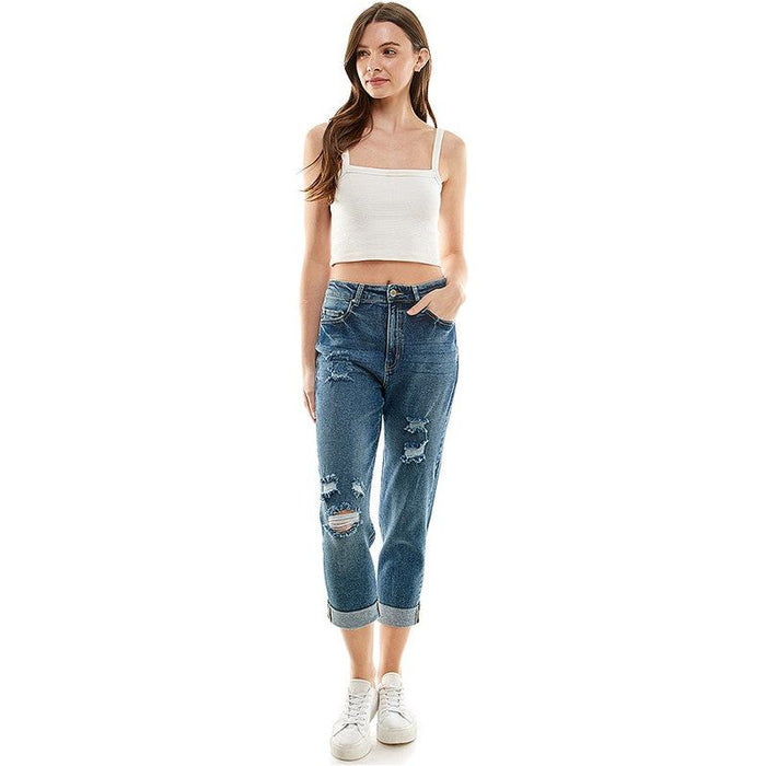 ROOL-UP DISTRESSED  HIGH RISE STRETCH MOM JEANS