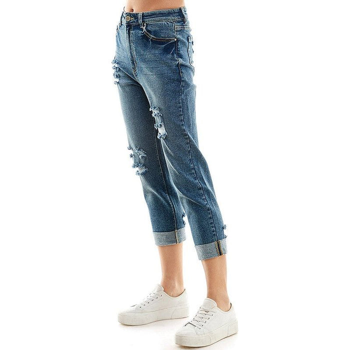 ROOL-UP DISTRESSED  HIGH RISE STRETCH MOM JEANS