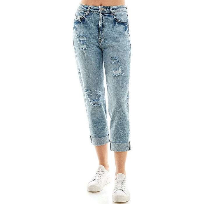 ROOL-UP DISTRESSED  HIGH RISE STRETCH MOM JEANS