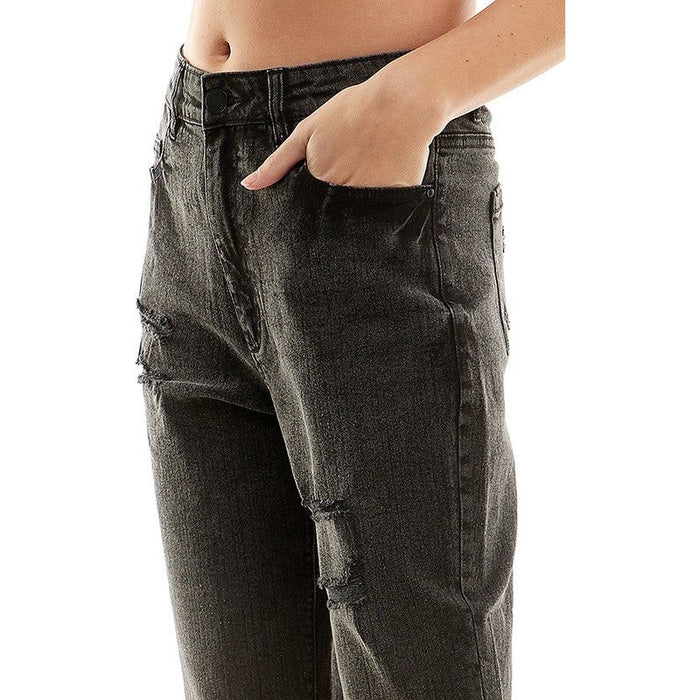 ROOL-UP DISTRESSED  HIGH RISE STRETCH MOM JEANS