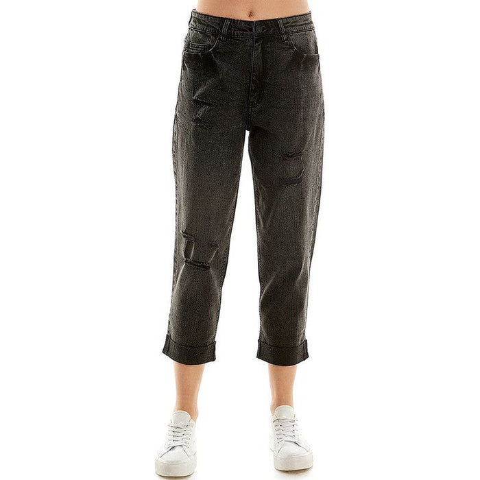 ROOL-UP DISTRESSED  HIGH RISE STRETCH MOM JEANS