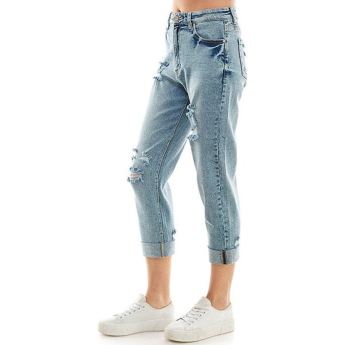 ROOL-UP DISTRESSED  HIGH RISE STRETCH MOM JEANS