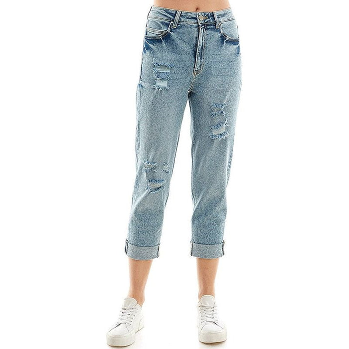 ROOL-UP DISTRESSED  HIGH RISE STRETCH MOM JEANS