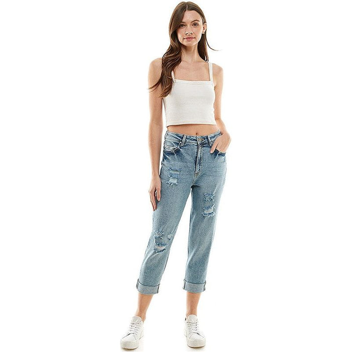 ROOL-UP DISTRESSED  HIGH RISE STRETCH MOM JEANS