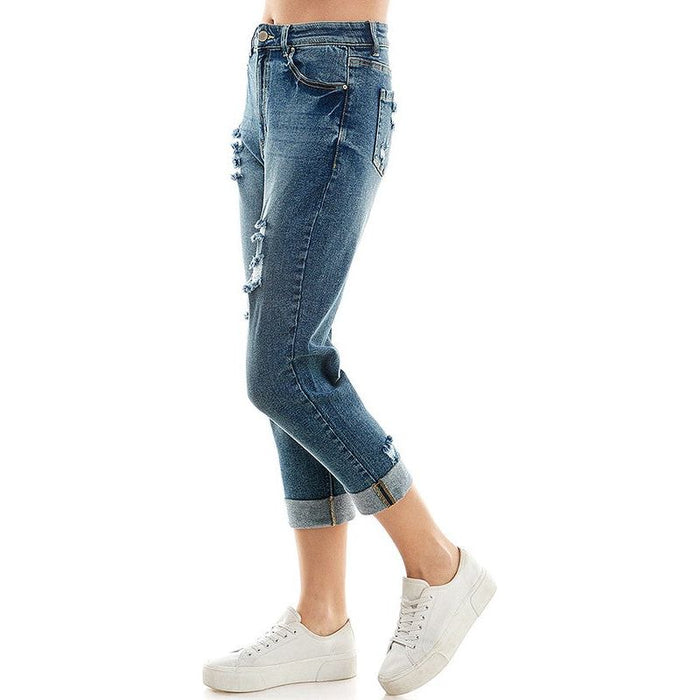 ROOL-UP DISTRESSED  HIGH RISE STRETCH MOM JEANS