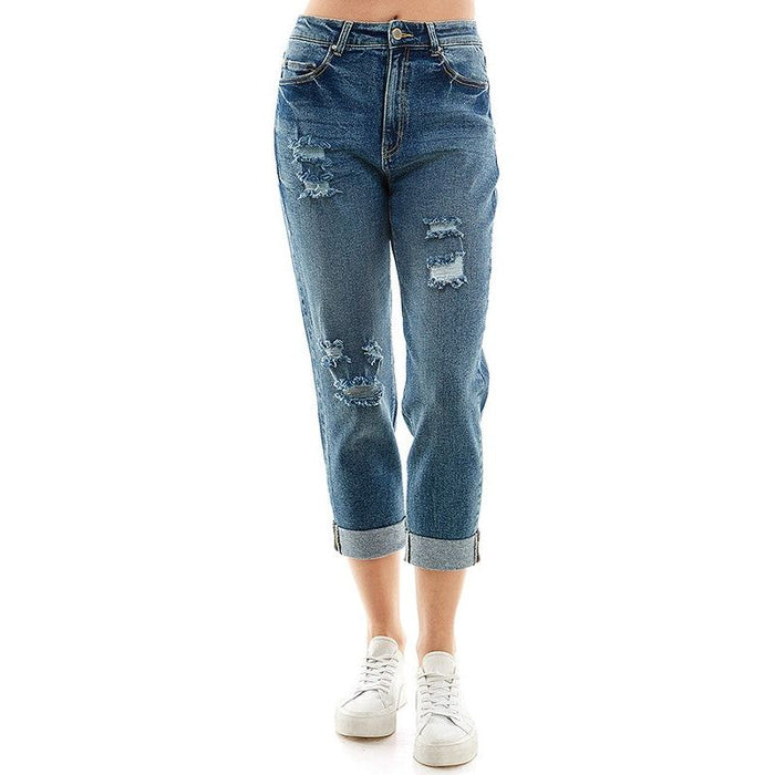 ROOL-UP DISTRESSED  HIGH RISE STRETCH MOM JEANS