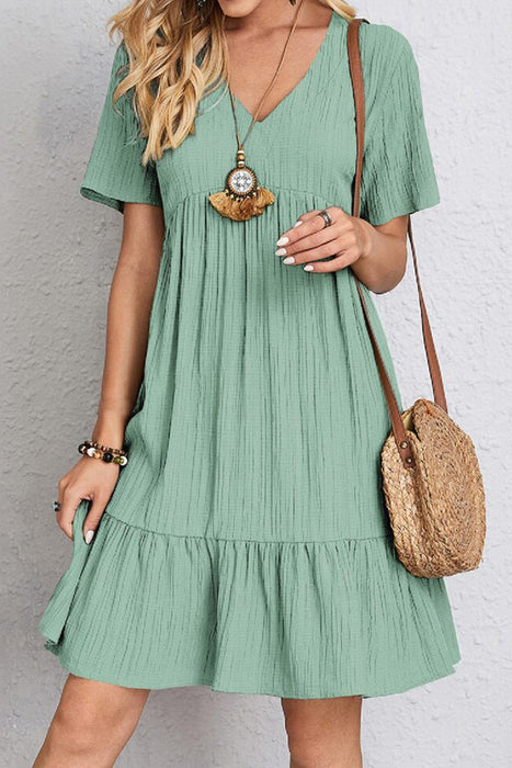 Ruched V-Neck Short Sleeve Dress