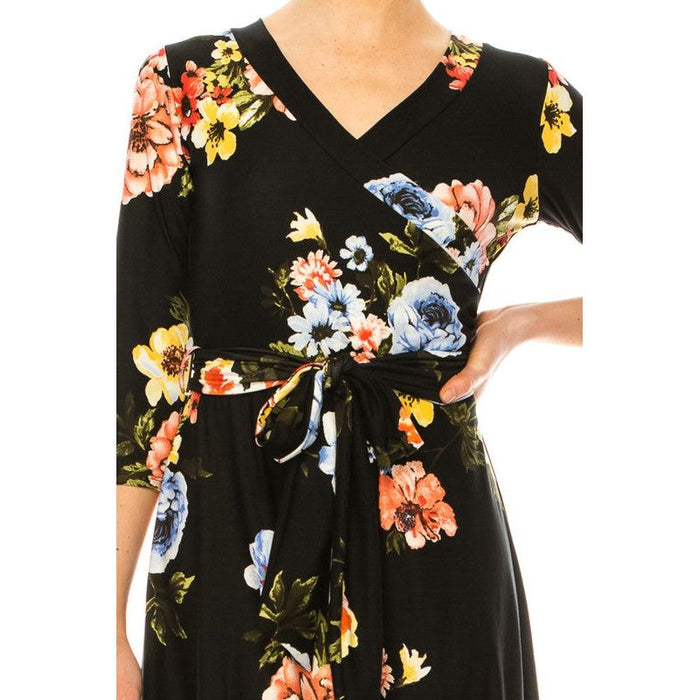 Floral Print, Faux Wrap Dress With Deep V-Neck