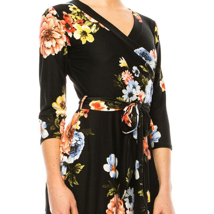 Floral Print, Faux Wrap Dress With Deep V-Neck